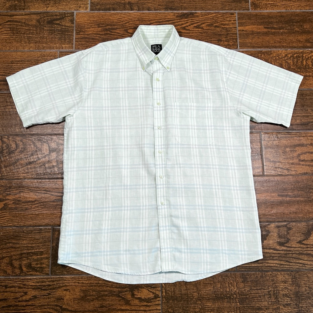 Jos. A. Bank Mens Shirt Linen Button Down XL Green Plaid Short Sleeve Casual
